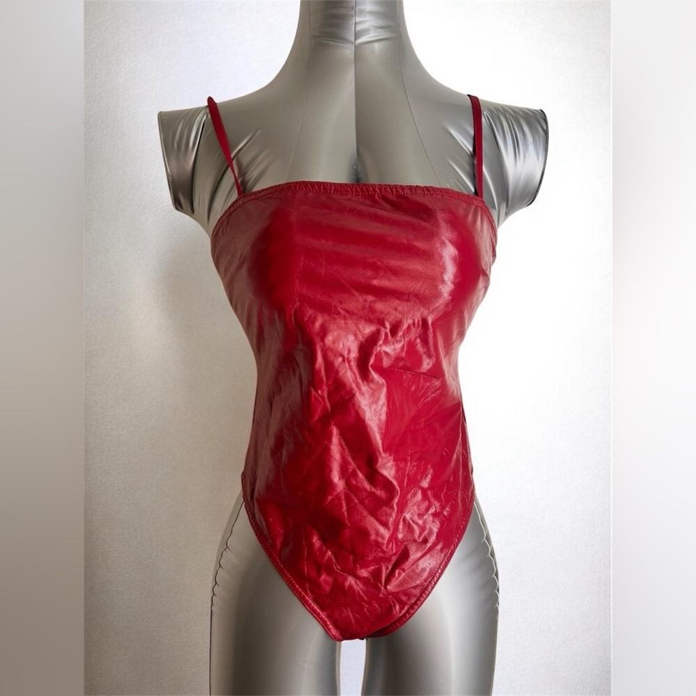 Forever 21 Artificial Leather Shiny Spaghetti strap Bodysuit Burgundy NWT
